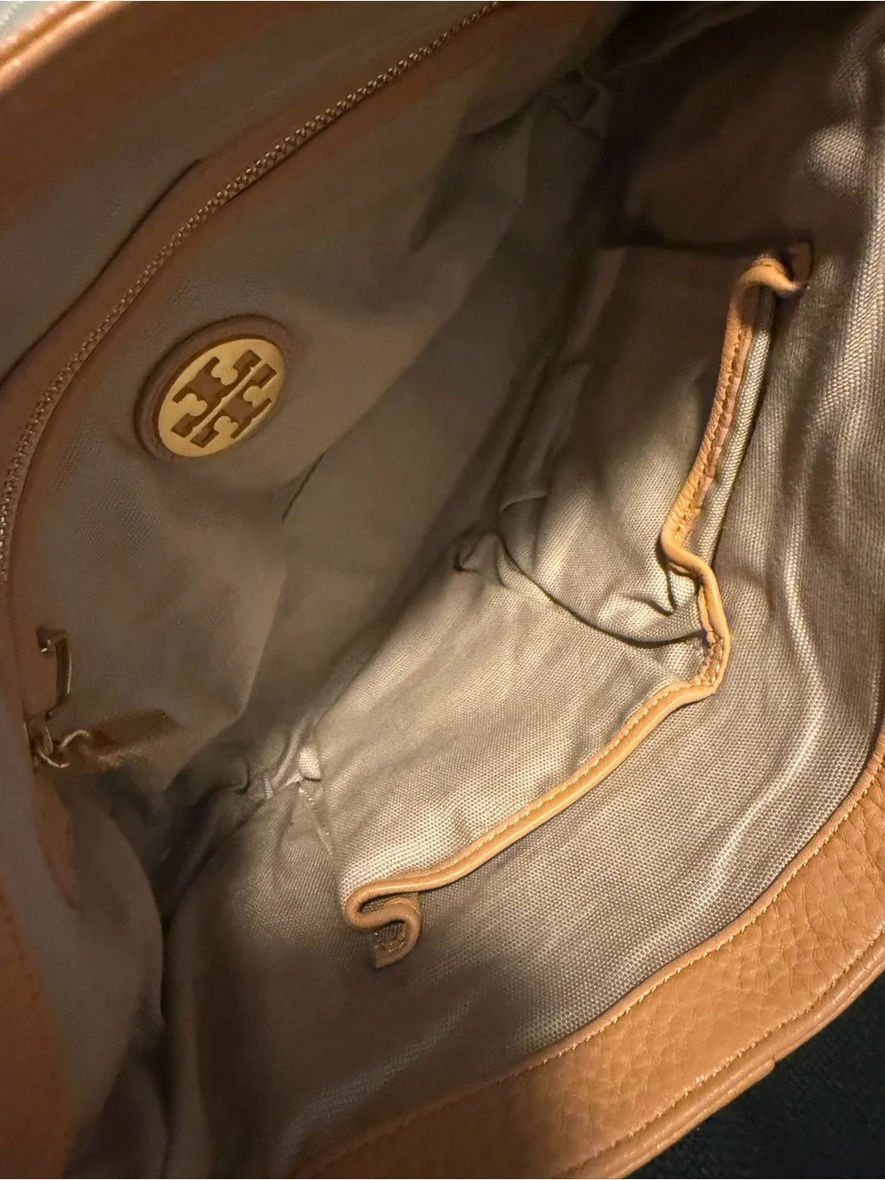 Tory Burch Camel/Tan Pebbled Leather Shoulder Bag with Gold Chain
